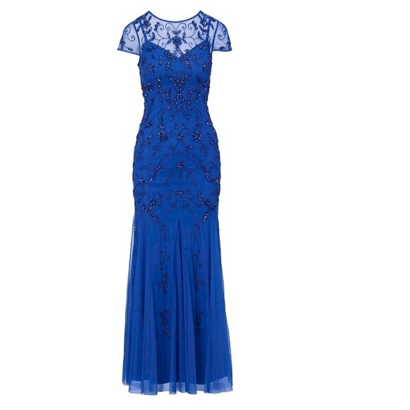 Adrianna Papell Beaded Short Sleeve Floral Godet Gown Royal Blue Size4 New NWT - Picture 2 of 3